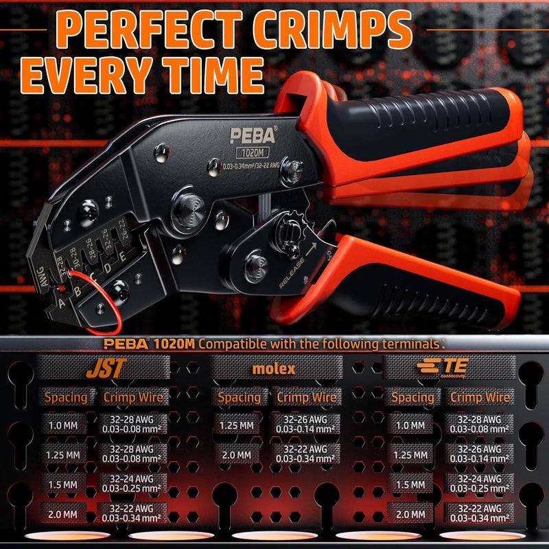 PEBA JST Ratcheting Crimper 32-22 AWG for 1.0mm/1.25mm/1.5mm/2.0mm Pitch Micro Connectors, Crimping Tool for JST-SH 1.0mm/GH 1.25mm/ZH1.5mm/PH 2.0mm, Molex TE terminals - Precision JST Crimp Tool - Image 3